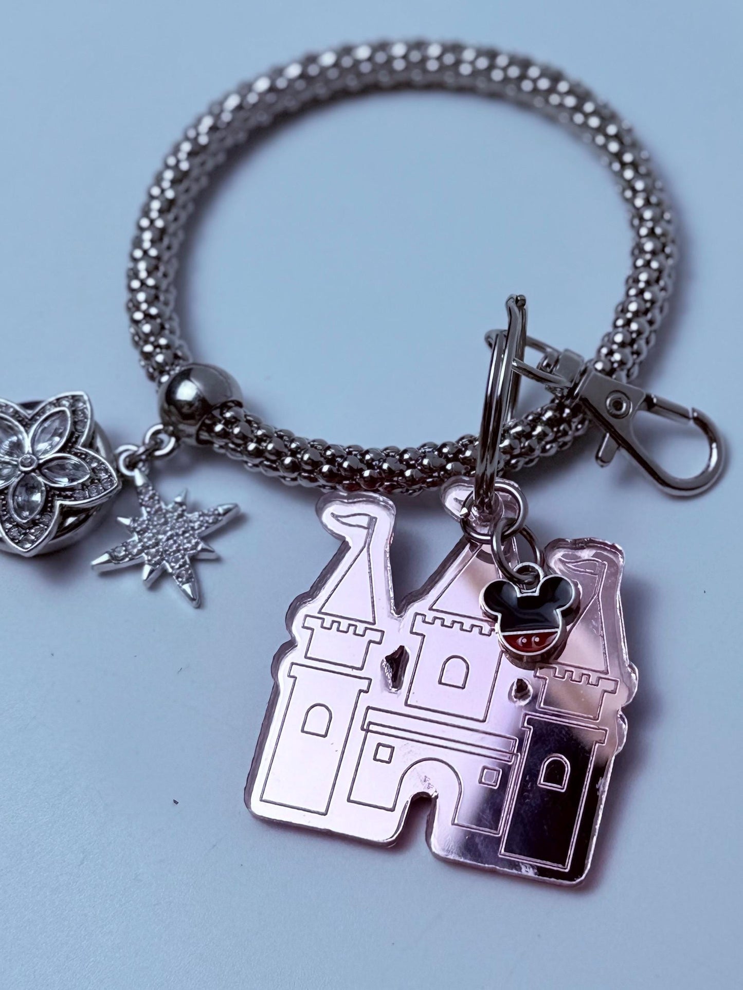 Rose Gold Castle Keychain  Disney-Inspired Engraved Acrylic Charm with Mickey Head Accent, Mirrored Bag Charm