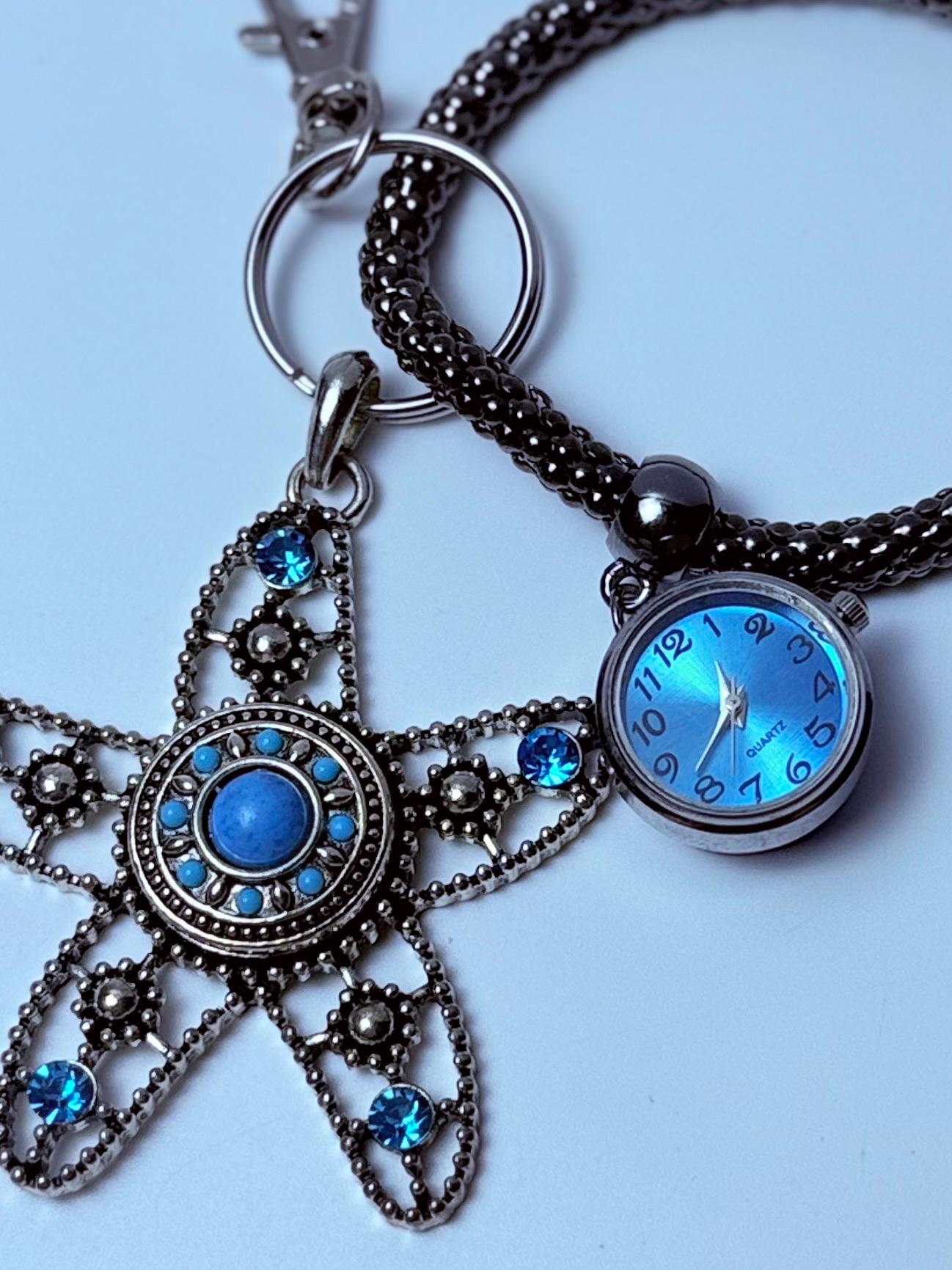 Blue Jeweled Starfish Bag Charm with Mini Watch  Coastal Ocean Purse Accessory & Nautical Gift