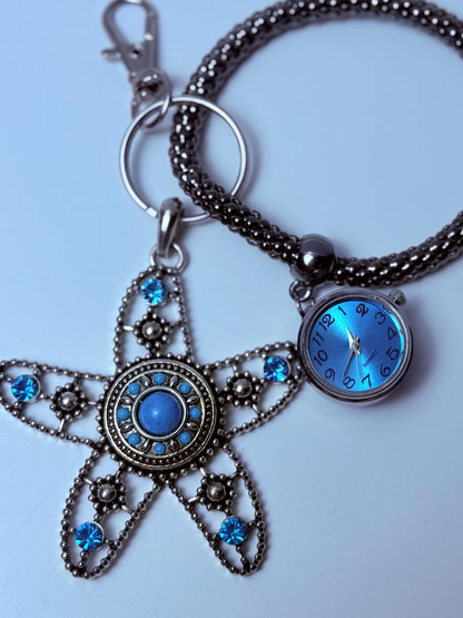 Blue Jeweled Starfish Bag Charm with Mini Watch  Coastal Ocean Purse Accessory & Nautical Gift