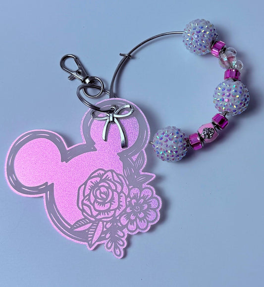 Pink Iridescent Mickey Floral Keychain  Engraved Flower Design with Dangling Minnie Mouse Charm, Disney-Inspired Acrylic Bag Charm