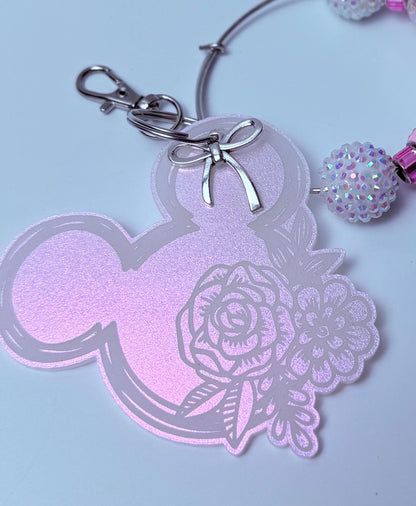 Pink Iridescent Mickey Floral Keychain  Engraved Flower Design with Dangling Minnie Mouse Charm, Disney-Inspired Acrylic Bag Charm