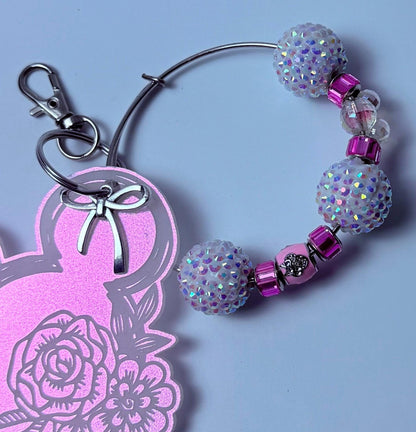 Pink Iridescent Mickey Floral Keychain  Engraved Flower Design with Dangling Minnie Mouse Charm, Disney-Inspired Acrylic Bag Charm