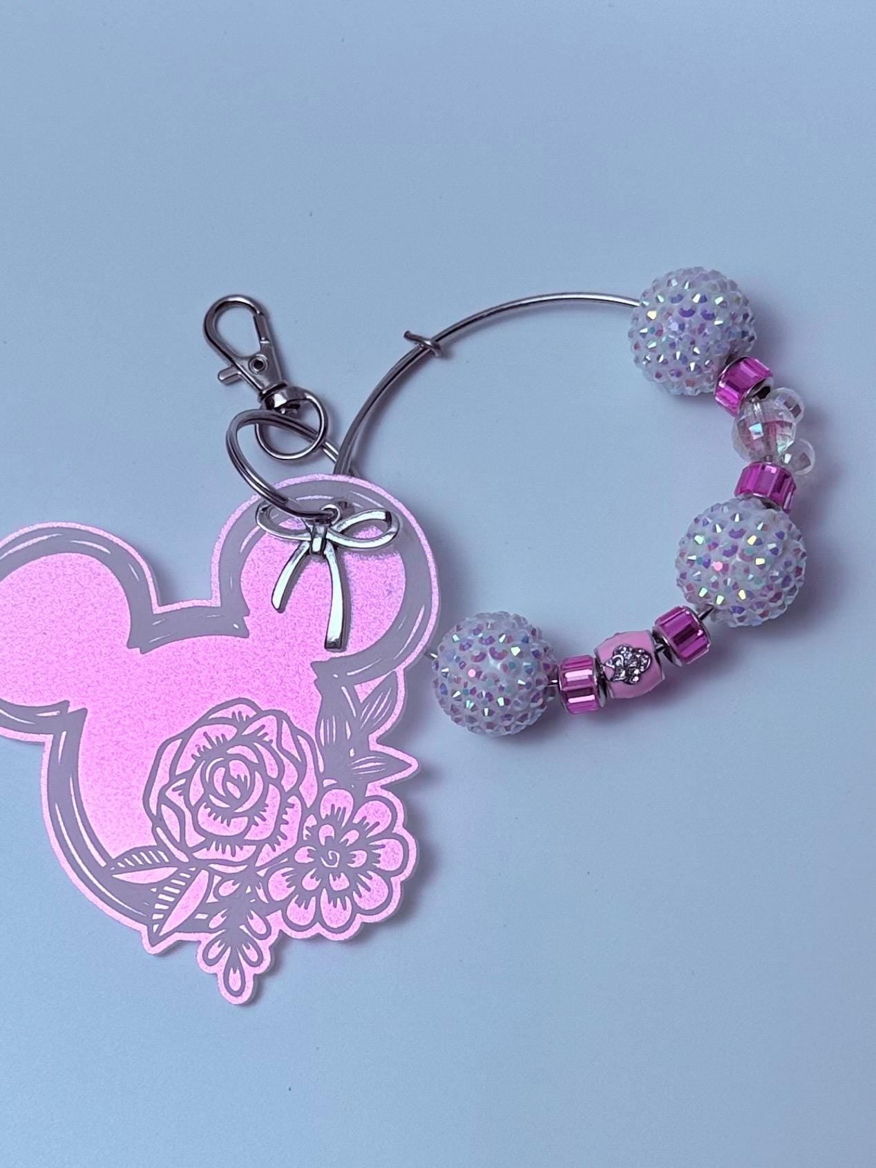 Pink Iridescent Mickey Floral Keychain  Engraved Flower Design with Dangling Minnie Mouse Charm, Disney-Inspired Acrylic Bag Charm