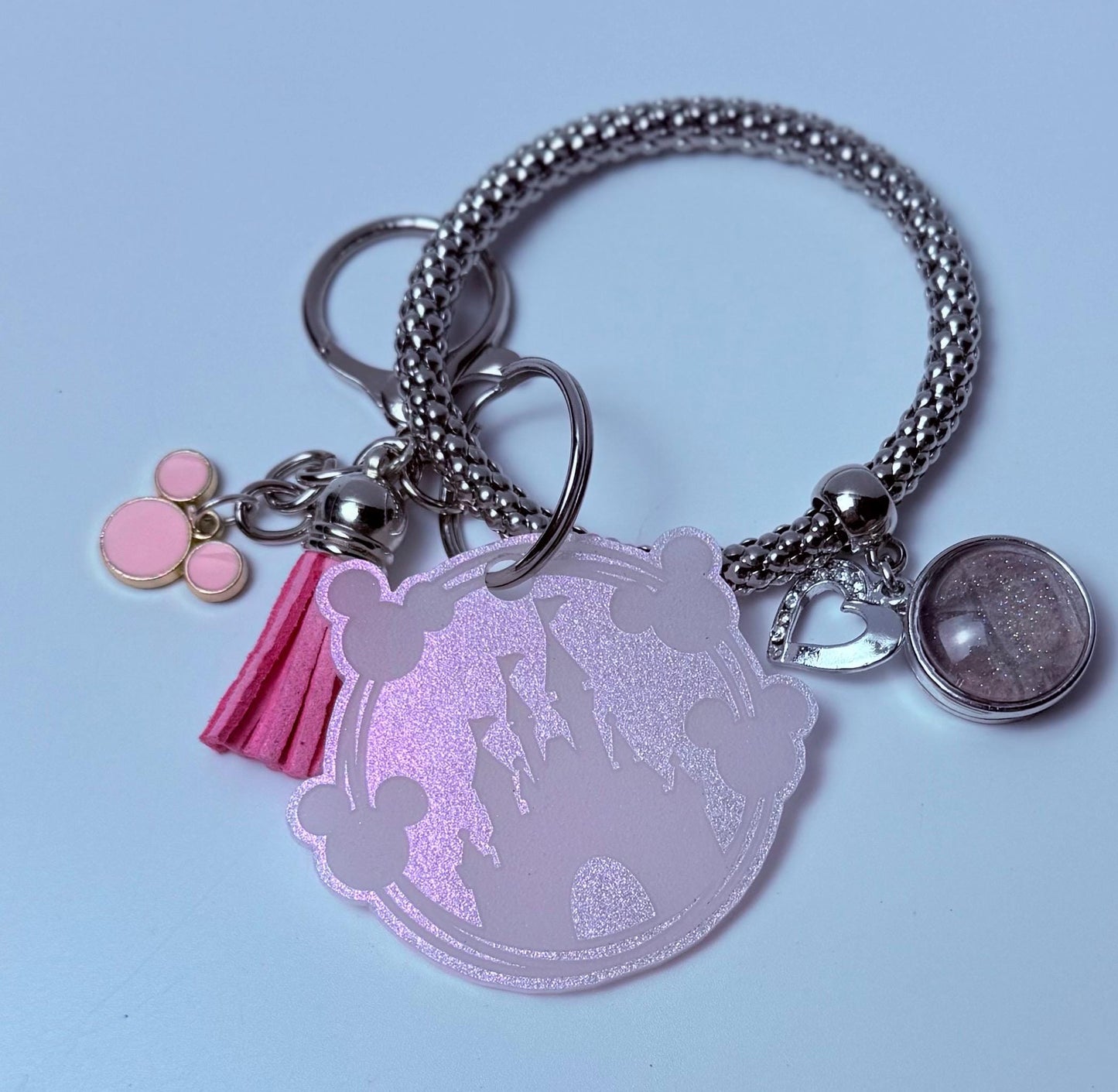 Pink Glitter Castle Bag Charm  Acrylic Purse Charm with Tassel and Heart Accent  Disney Inspired Handbag Accessory