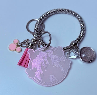 Pink Glitter Castle Bag Charm  Acrylic Purse Charm with Tassel and Heart Accent  Disney Inspired Handbag Accessory