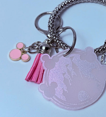 Pink Glitter Castle Bag Charm  Acrylic Purse Charm with Tassel and Heart Accent  Disney Inspired Handbag Accessory