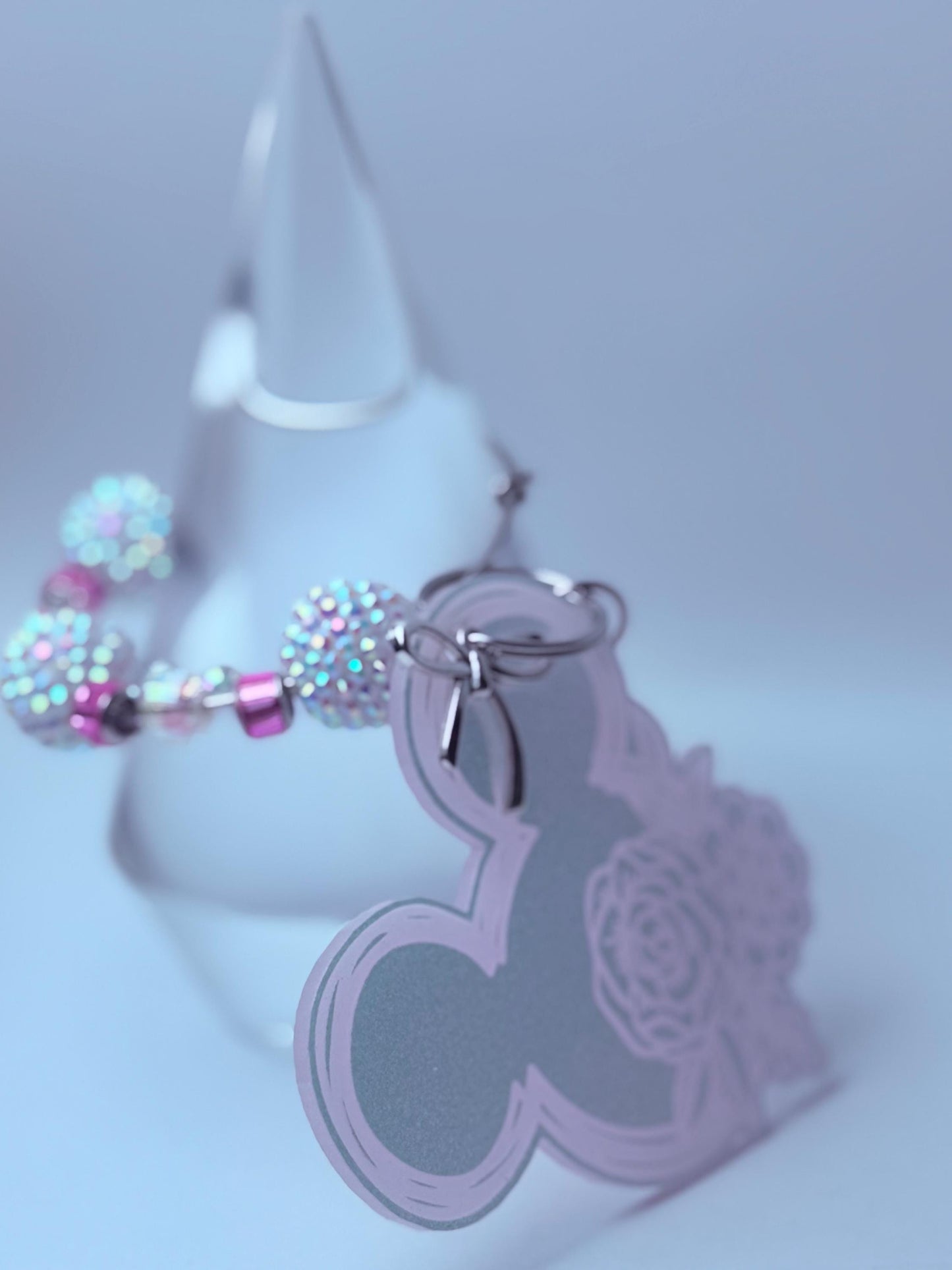 Pink Iridescent Mickey Floral Keychain  Engraved Flower Design with Dangling Minnie Mouse Charm, Disney-Inspired Acrylic Bag Charm