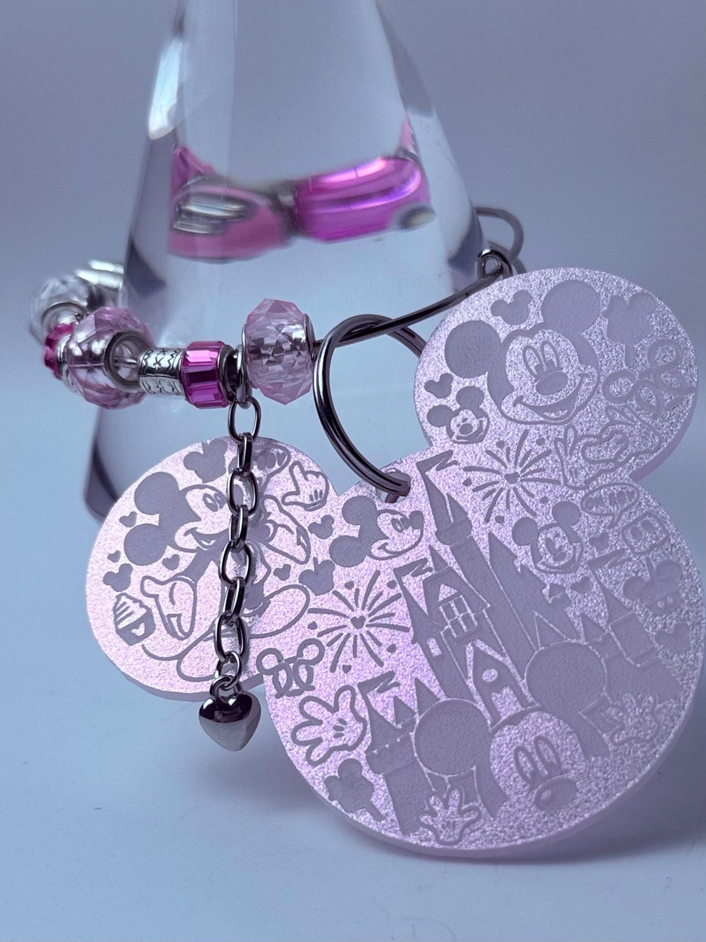 Disney Inspired Pink Beaded Bag Charm Handmade Charm Keychain with Mickey & Minnie Charms, Glass Beads, Cute Disney Accessories