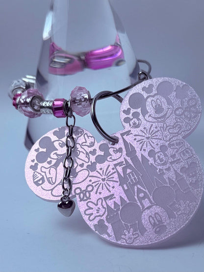 Disney Inspired Pink Beaded Bag Charm Handmade Charm Keychain with Mickey & Minnie Charms, Glass Beads, Cute Disney Accessories