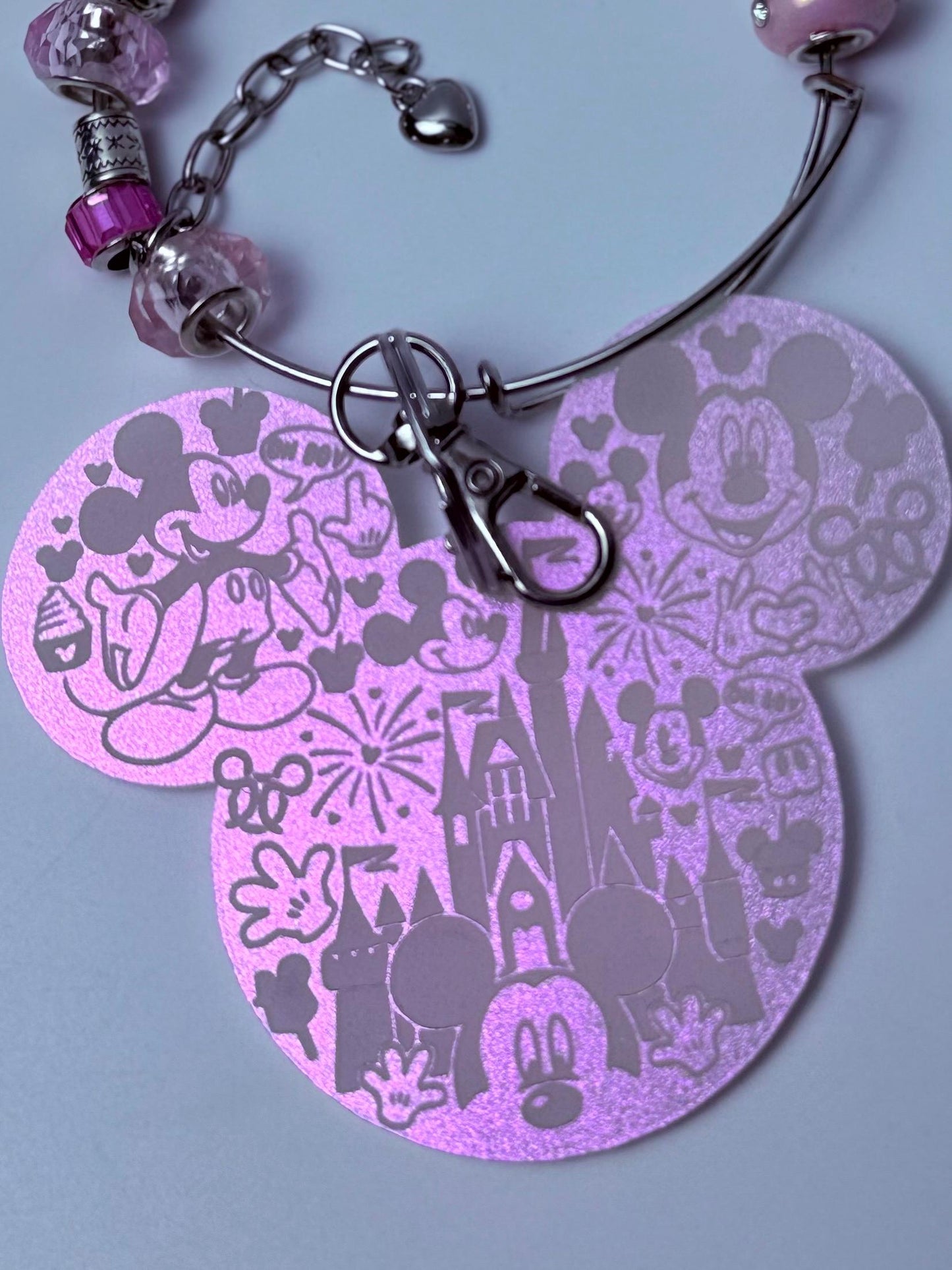 Disney Inspired Pink Beaded Bag Charm Handmade Charm Keychain with Mickey & Minnie Charms, Glass Beads, Cute Disney Accessories