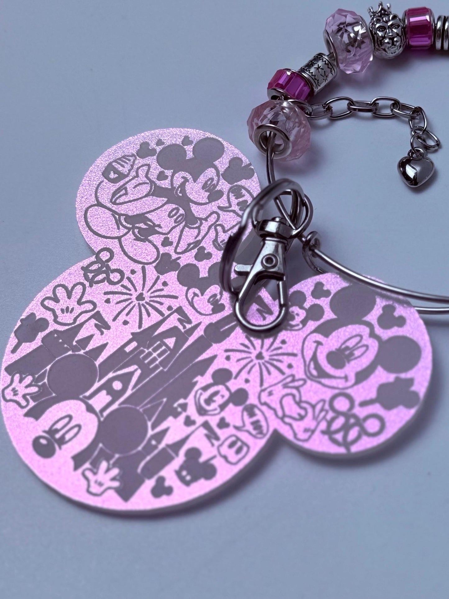 Disney Inspired Pink Beaded Bag Charm Handmade Charm Keychain with Mickey & Minnie Charms, Glass Beads, Cute Disney Accessories