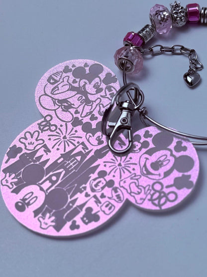 Disney Inspired Pink Beaded Bag Charm Handmade Charm Keychain with Mickey & Minnie Charms, Glass Beads, Cute Disney Accessories