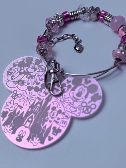 Disney Inspired Pink Beaded Bag Charm Handmade Charm Keychain with Mickey & Minnie Charms, Glass Beads, Cute Disney Accessories