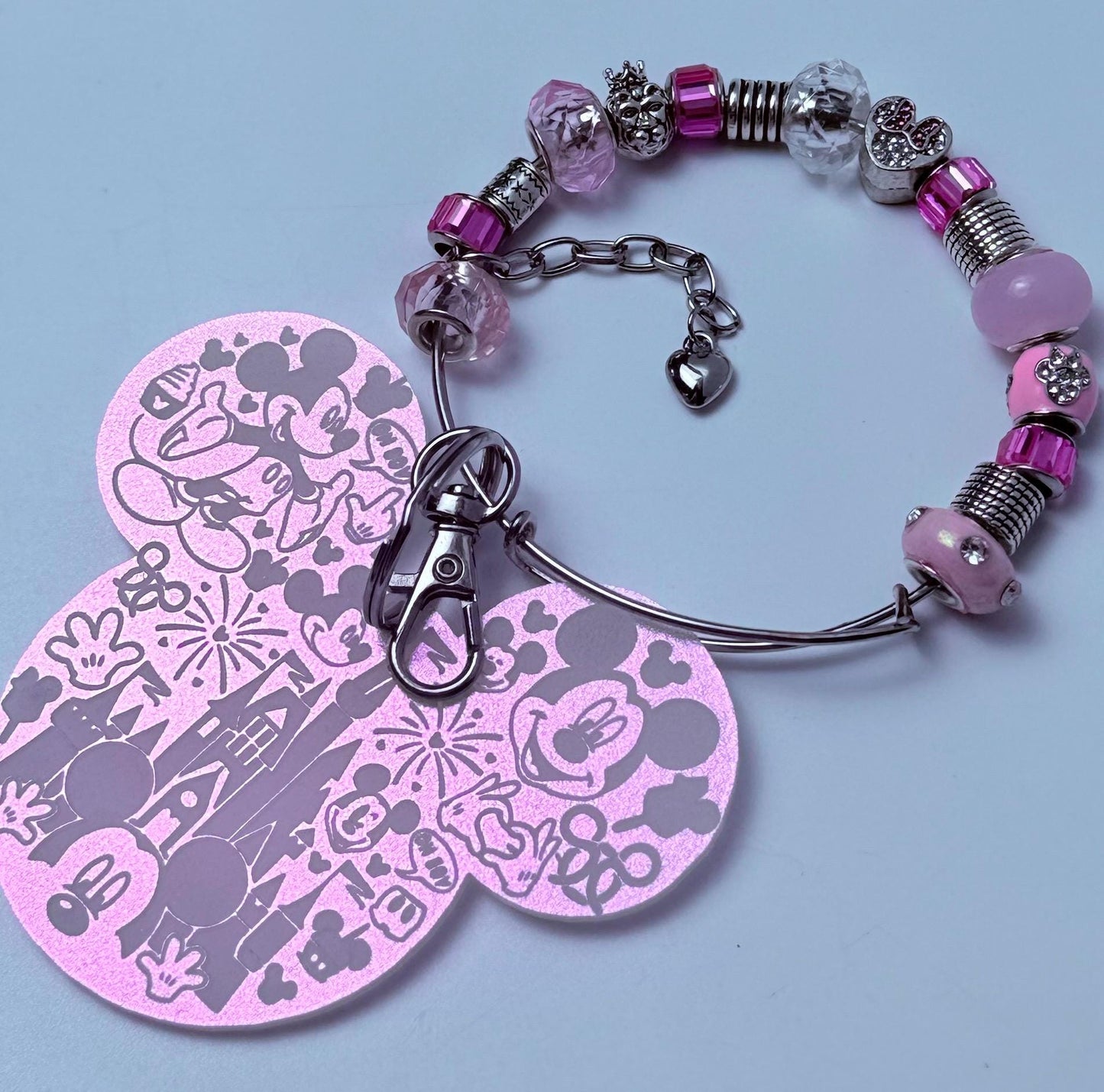 Disney Inspired Pink Beaded Bag Charm Handmade Charm Keychain with Mickey & Minnie Charms, Glass Beads, Cute Disney Accessories