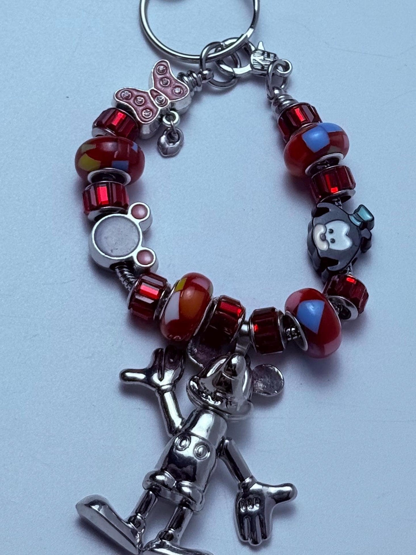 Mickey & Minnie Charm Bracelet Keychain: Red Crystal Beads, Silver Pendant