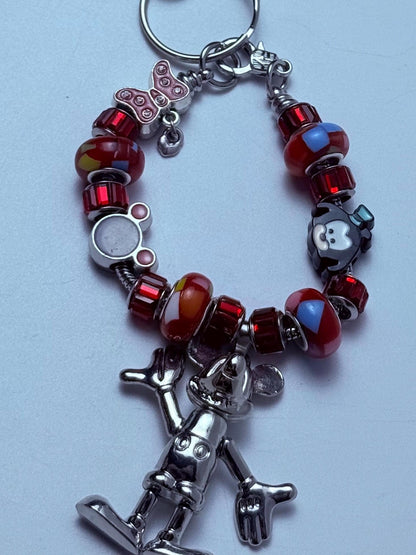 Mickey & Minnie Charm Bracelet Keychain: Red Crystal Beads, Silver Pendant