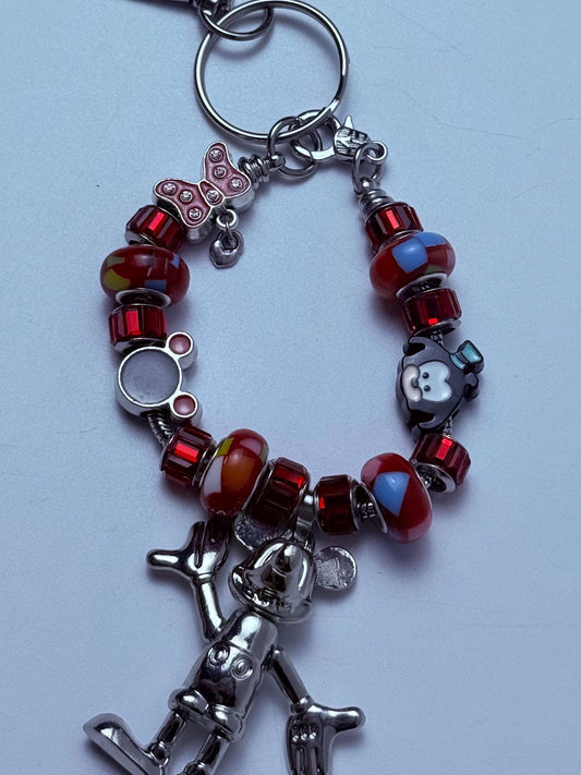 Mickey & Minnie Charm Bracelet Keychain: Red Crystal Beads, Silver Pendant
