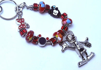 Mickey & Minnie Charm Bracelet Keychain: Red Crystal Beads, Silver Pendant
