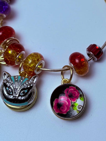 Alice in Wonderland Bag Charm: Cheshire Cat, Rose, Gem Mandala