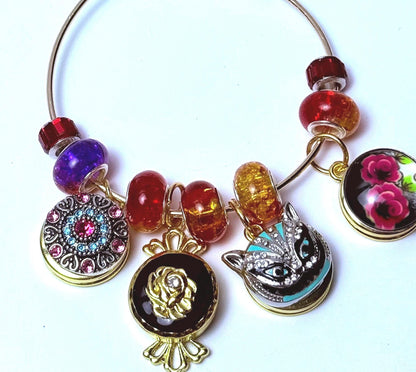 Alice in Wonderland Bag Charm: Cheshire Cat, Rose, Gem Mandala