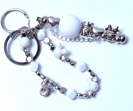 Disney Inspired White Pearl Bag Charm  Elegant Beaded Keychain with Minnie, Crown & Mickey Accents