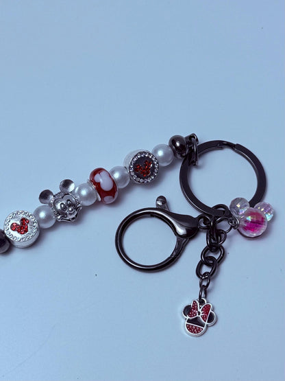 Mickey Mouse Bag Charm: Red, Black, Pearl Beaded Keychain
