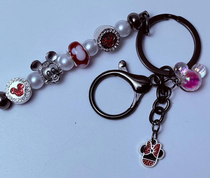 Mickey Mouse Bag Charm: Red, Black, Pearl Beaded Keychain