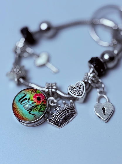 Disney Inspired Silver Bag Charm  Royal Crown & Heart Keychain with Sparkly Mickey and “Wish Pendant