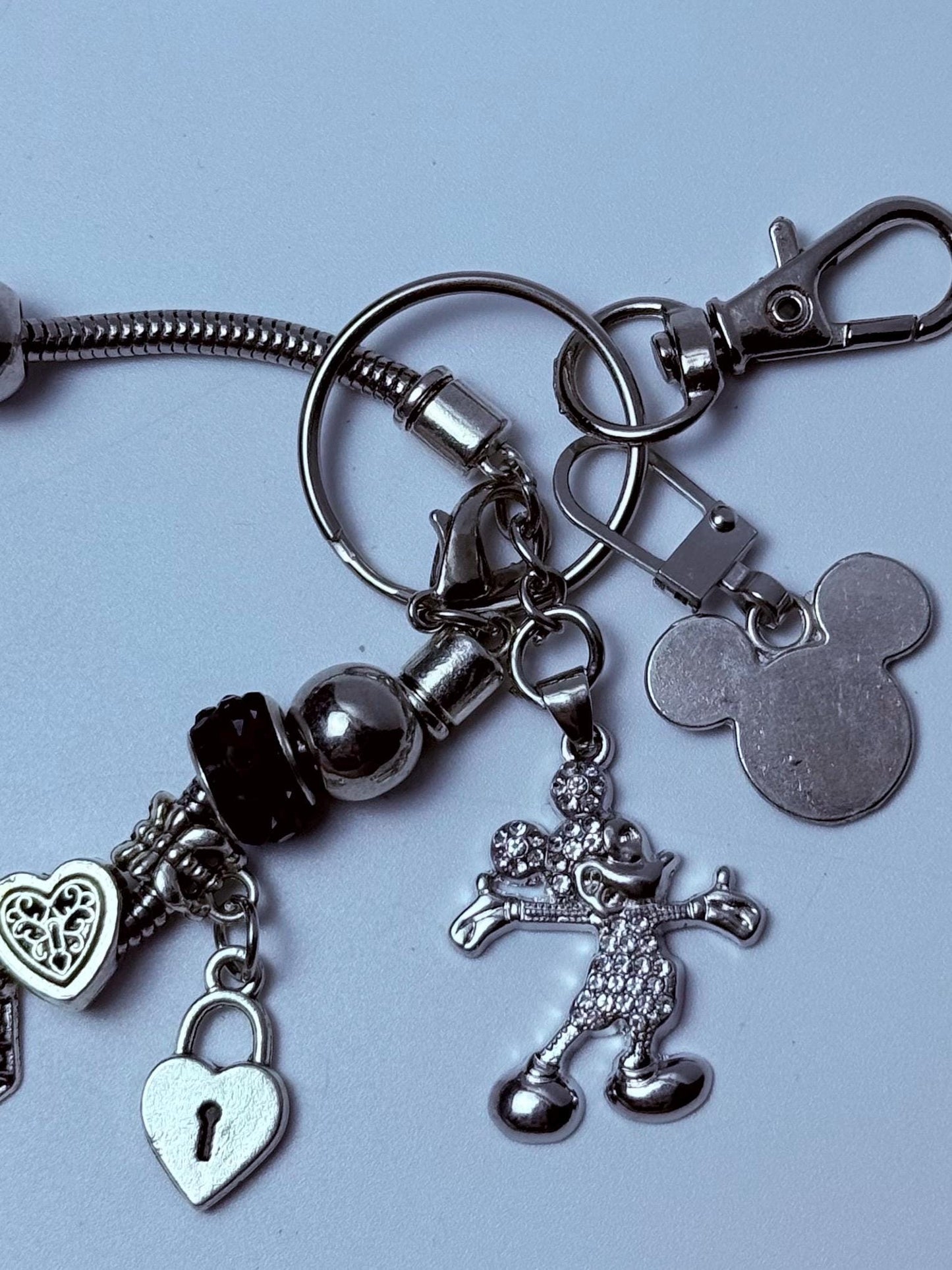 Disney Inspired Silver Bag Charm  Royal Crown & Heart Keychain with Sparkly Mickey and “Wish Pendant