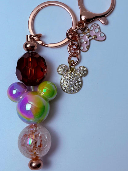 Rose Gold Mickey Keychain: Rhinestone Charm with Rainbow Beads