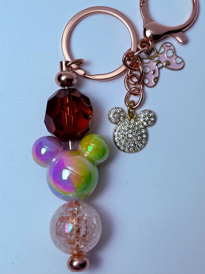 Rose Gold Mickey Keychain: Rhinestone Charm with Rainbow Beads
