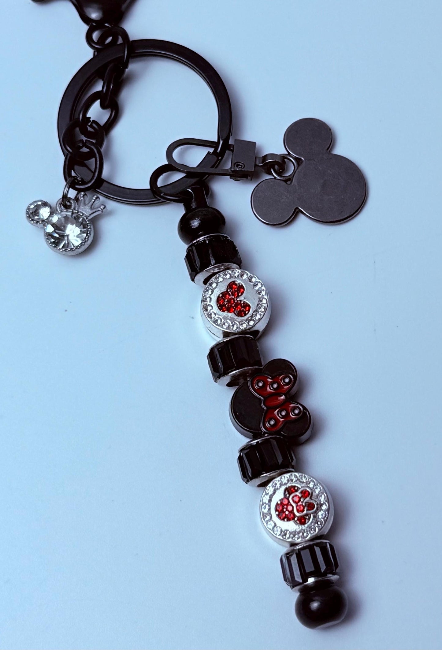 Black Crystal Mickey Bag Charm Keychain | Minnie Bow Purse Charm | Disney Inspired Accessory | Handmade Sparkly Beaded Key Ring