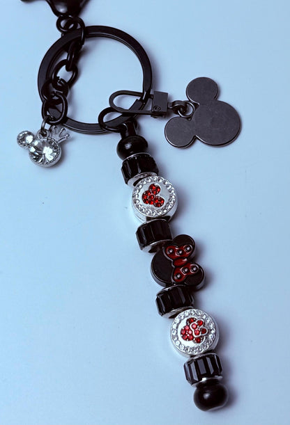 Black Crystal Mickey Bag Charm Keychain | Minnie Bow Purse Charm | Disney Inspired Accessory | Handmade Sparkly Beaded Key Ring