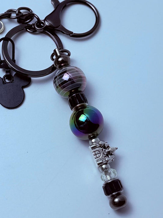 Black Mickey Mouse Charm Keychain Black Beaded Strand, Multiple Disney Charms, Handmade Disney Bag Accessory