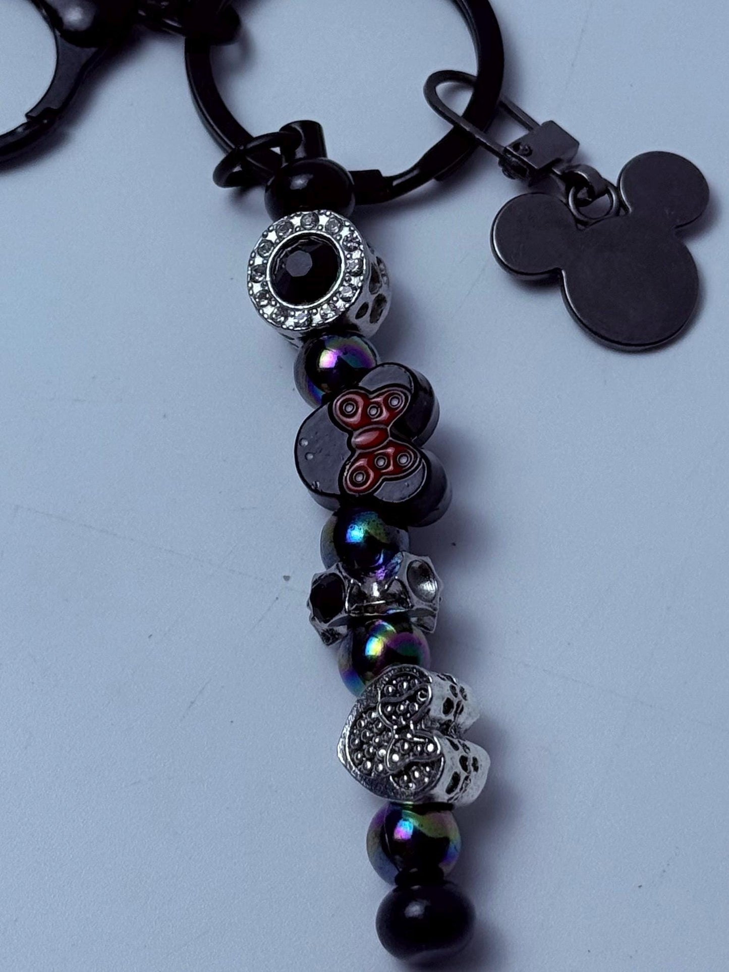 Black Mickey Mouse Charm Keychain  Red & Black Beaded Strand, Multiple Disney Charms, Handmade Disney Bag Accessory