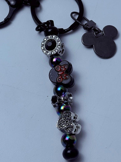 Black Mickey Mouse Charm Keychain  Red & Black Beaded Strand, Multiple Disney Charms, Handmade Disney Bag Accessory