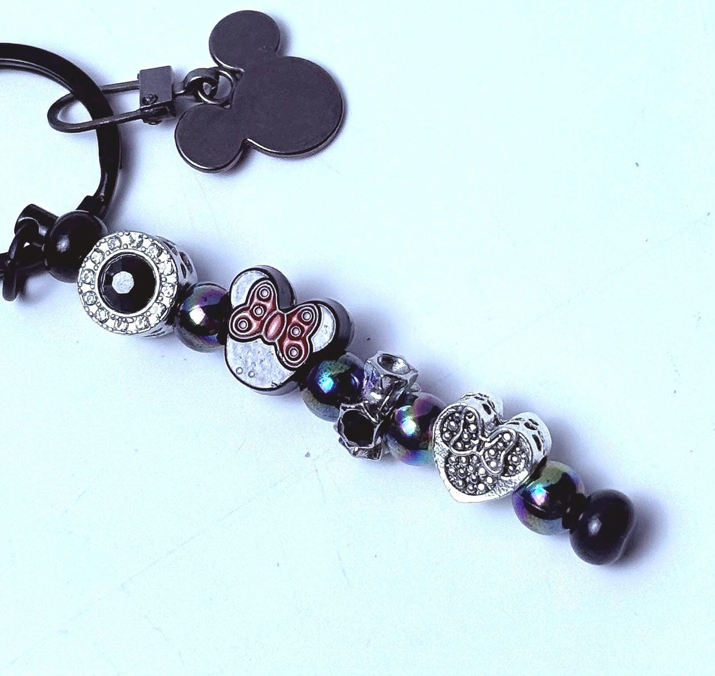 Black Mickey Mouse Charm Keychain  Red & Black Beaded Strand, Multiple Disney Charms, Handmade Disney Bag Accessory