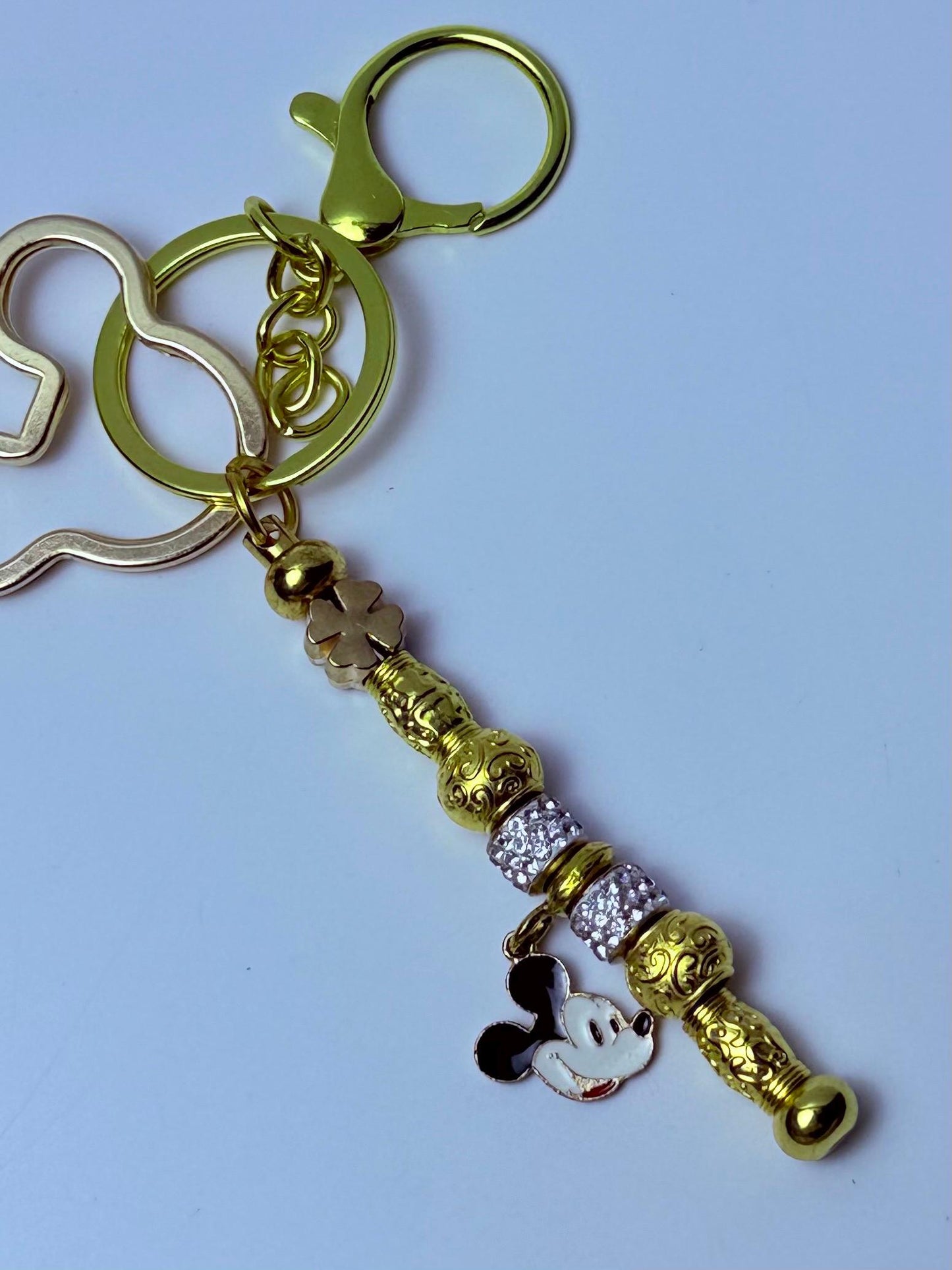 Disney Inspired Gold Bag Charm  Mickey Mouse Keychain with Sparkling Beads & Clover Accent, Handmade Purse Accessory, Disney Gift for Her