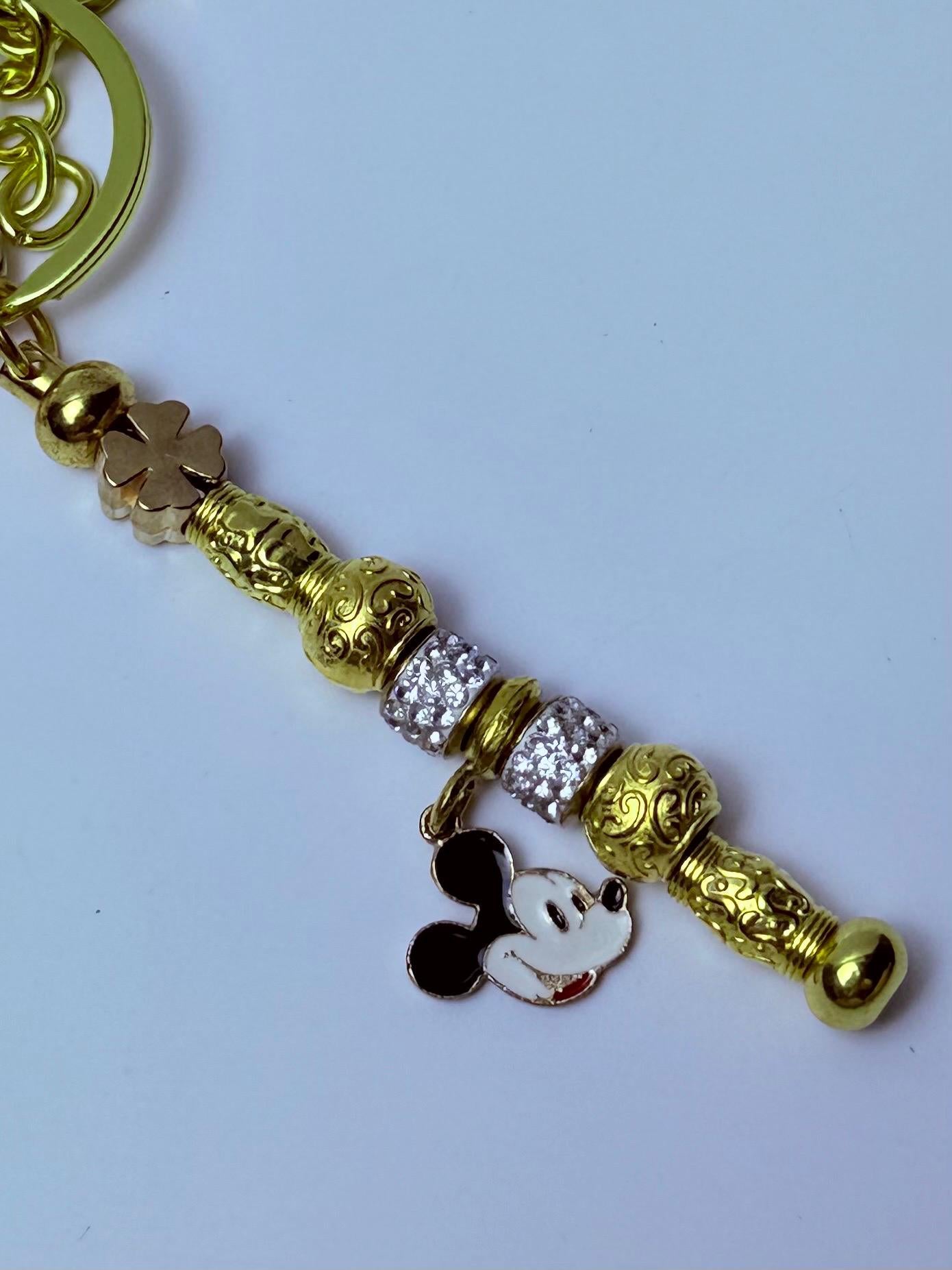 Disney Inspired Gold Bag Charm  Mickey Mouse Keychain with Sparkling Beads & Clover Accent, Handmade Purse Accessory, Disney Gift for Her