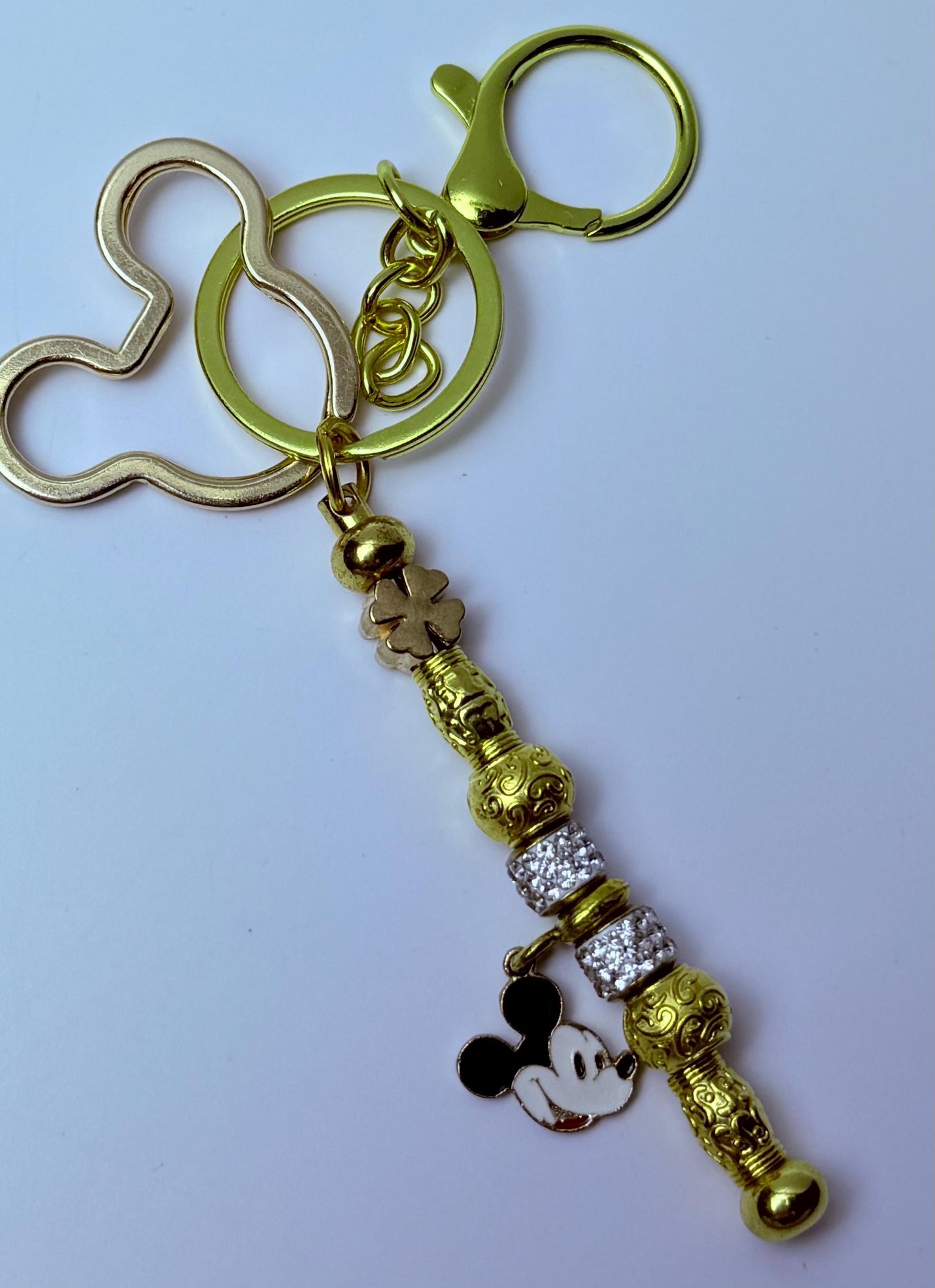 Disney Inspired Gold Bag Charm  Mickey Mouse Keychain with Sparkling Beads & Clover Accent, Handmade Purse Accessory, Disney Gift for Her