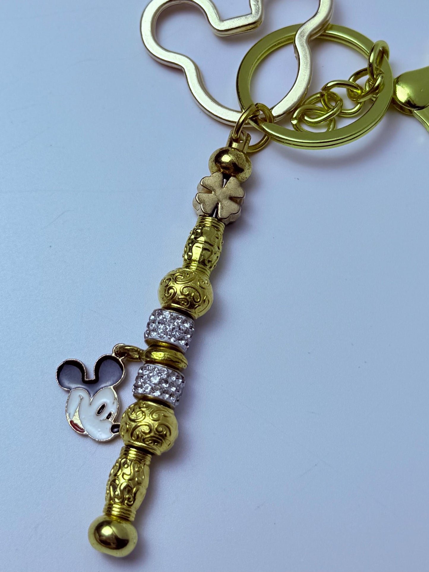 Disney Inspired Gold Bag Charm  Mickey Mouse Keychain with Sparkling Beads & Clover Accent, Handmade Purse Accessory, Disney Gift for Her