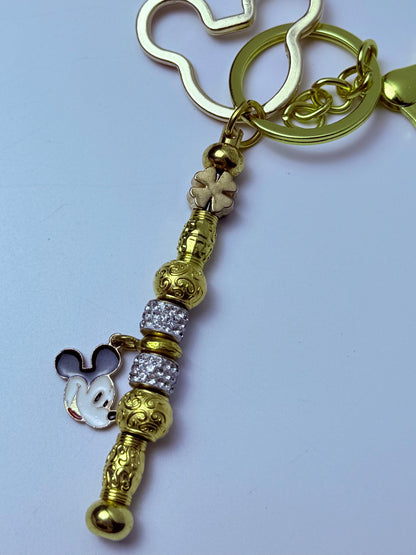 Disney Inspired Gold Bag Charm  Mickey Mouse Keychain with Sparkling Beads & Clover Accent, Handmade Purse Accessory, Disney Gift for Her