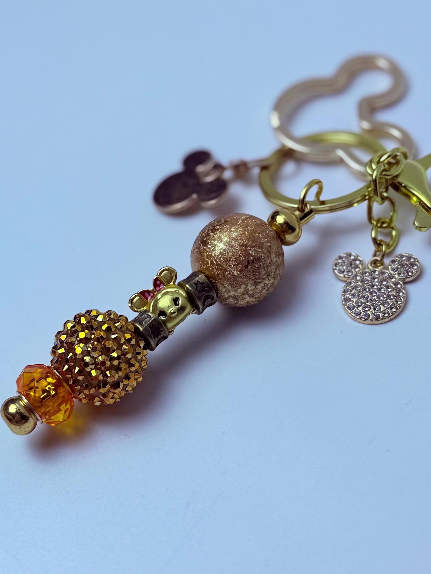Disney Inspired Gold Bag Charm  Mickey Mouse Rhinestone Keychain with Beads & Crystal Accent, Handmade Purse Accessory, Cute Disney Gift