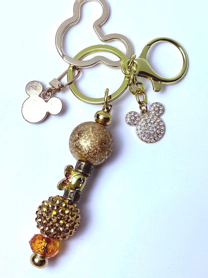 Disney Inspired Gold Bag Charm  Mickey Mouse Rhinestone Keychain with Beads & Crystal Accent, Handmade Purse Accessory, Cute Disney Gift