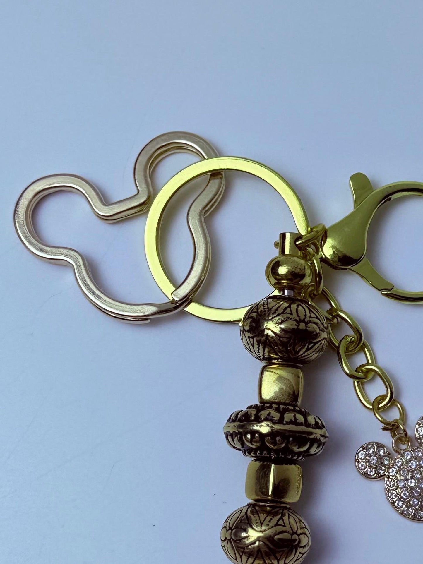 Disney Inspired Gold Bag Charm  Mickey Mouse Rhinestone Keychain with Engraved Beads, Handmade Purse & Backpack Accessory, Cute Disney Gift