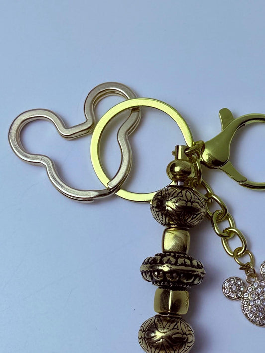 Disney Inspired Gold Bag Charm  Mickey Mouse Rhinestone Keychain with Engraved Beads, Handmade Purse & Backpack Accessory, Cute Disney Gift