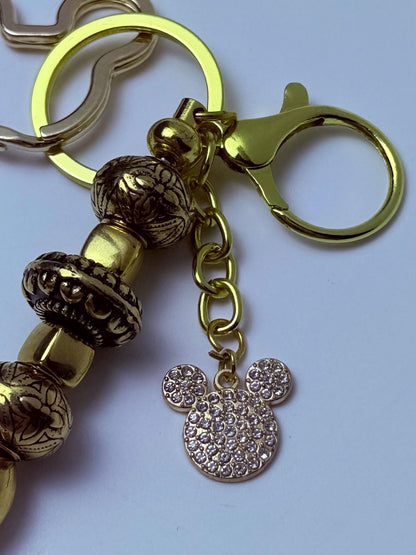 Disney Inspired Gold Bag Charm  Mickey Mouse Rhinestone Keychain with Engraved Beads, Handmade Purse & Backpack Accessory, Cute Disney Gift
