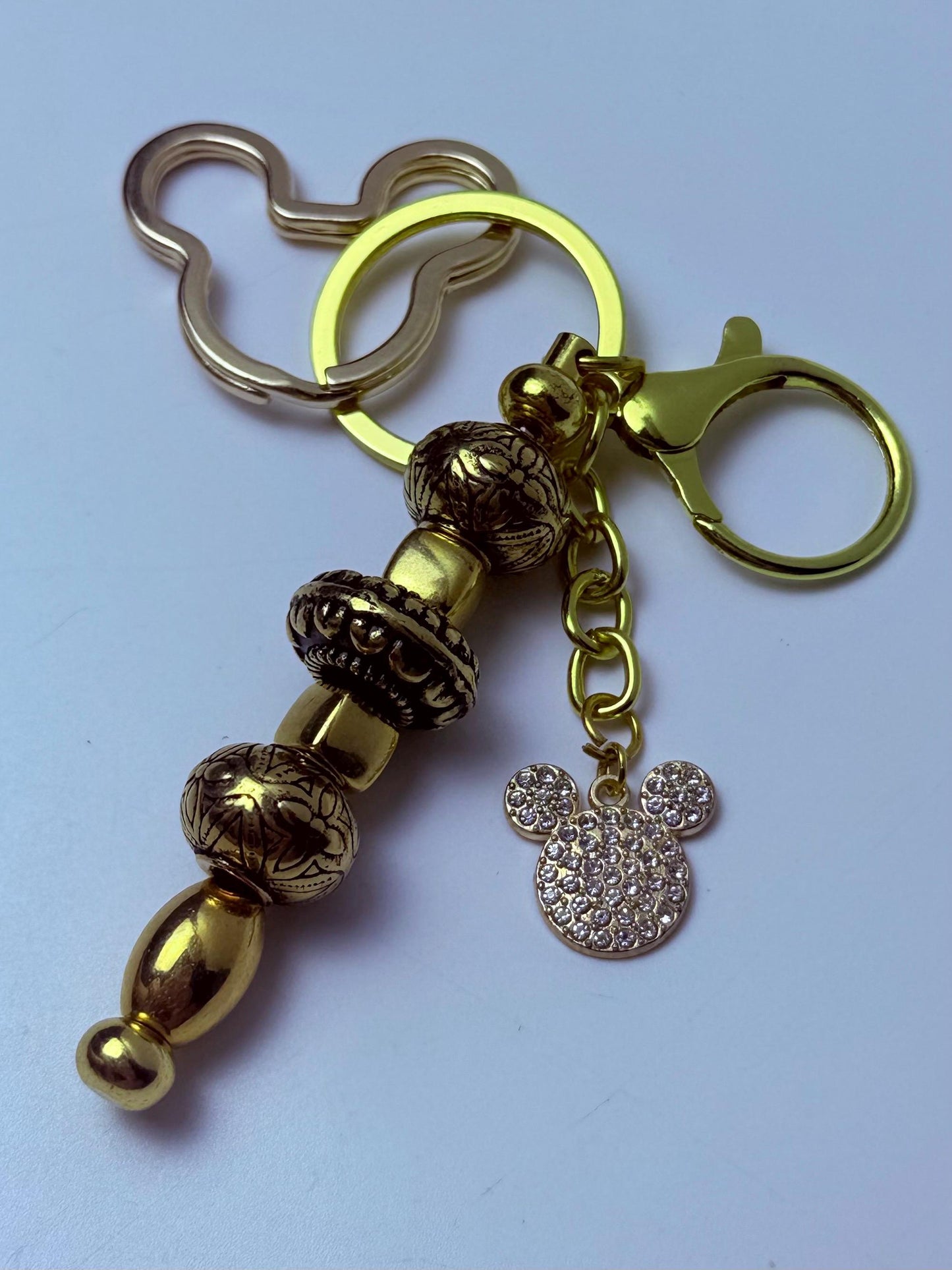 Disney Inspired Gold Bag Charm  Mickey Mouse Rhinestone Keychain with Engraved Beads, Handmade Purse & Backpack Accessory, Cute Disney Gift