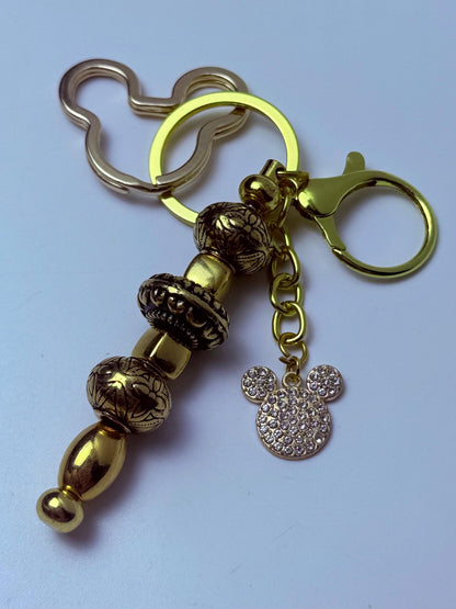 Disney Inspired Gold Bag Charm  Mickey Mouse Rhinestone Keychain with Engraved Beads, Handmade Purse & Backpack Accessory, Cute Disney Gift