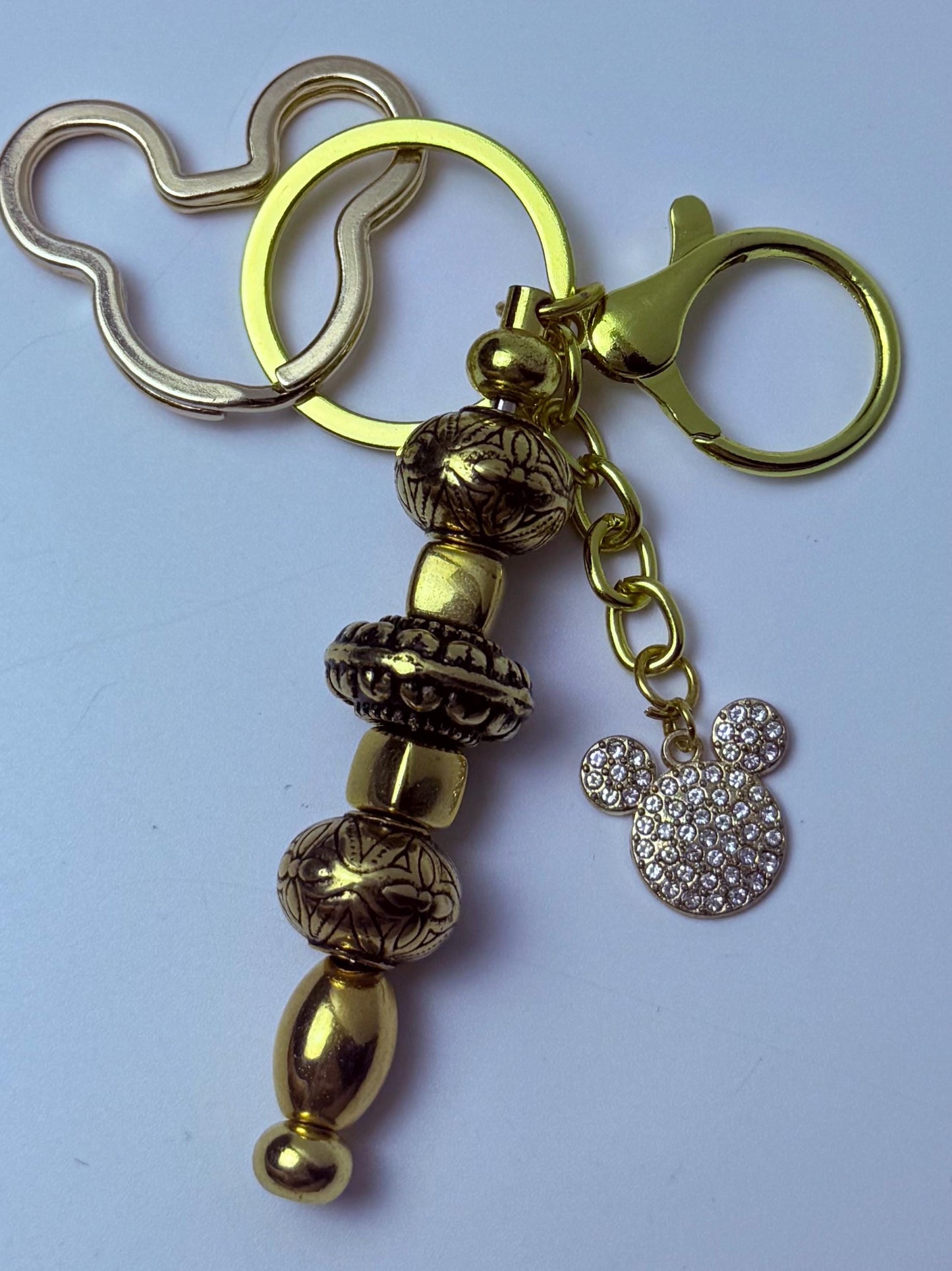 Disney Inspired Gold Bag Charm  Mickey Mouse Rhinestone Keychain with Engraved Beads, Handmade Purse & Backpack Accessory, Cute Disney Gift